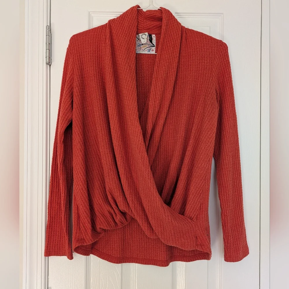 Anthropologie Orange Waffle Knit Crossbody Wrap Sweater Sz S - Picture 2 of 12